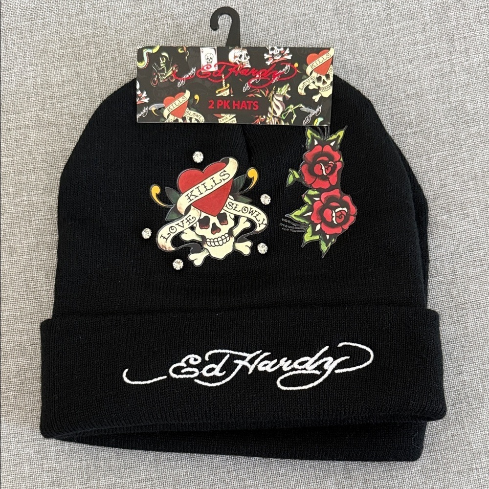 Ed Hardy Black love kills slowly Beanie with Skull and Rose Motif 2 pack